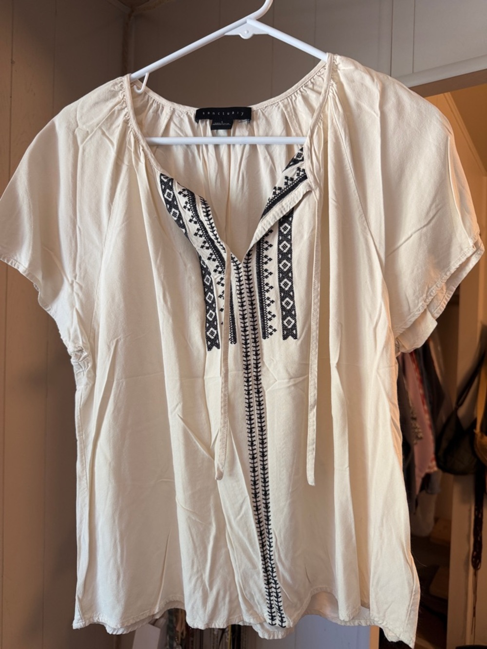 Sanctuary Cream Peasant Blouse with Black Embroidery